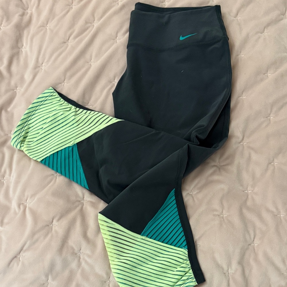 Nike Black Leggings with Green Stripes
